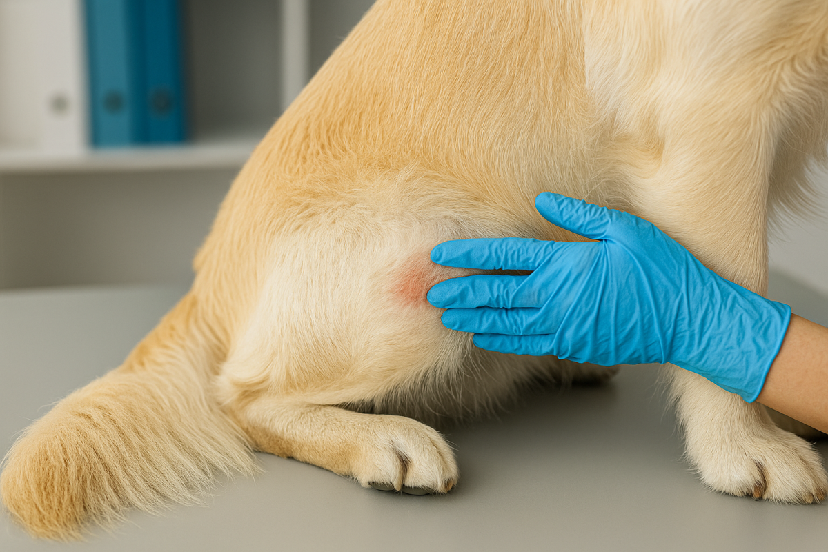 Köpekte kızarık deri bölgesi ve veterinerin muayenesi (yakın plan)