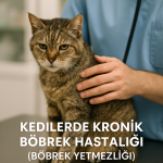 Veteriner muayene masasında, veteriner hekim tarafından nazikçe tutulan yaşlı tekir kedi