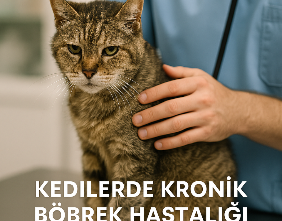 Veteriner muayene masasında, veteriner hekim tarafından nazikçe tutulan yaşlı tekir kedi
