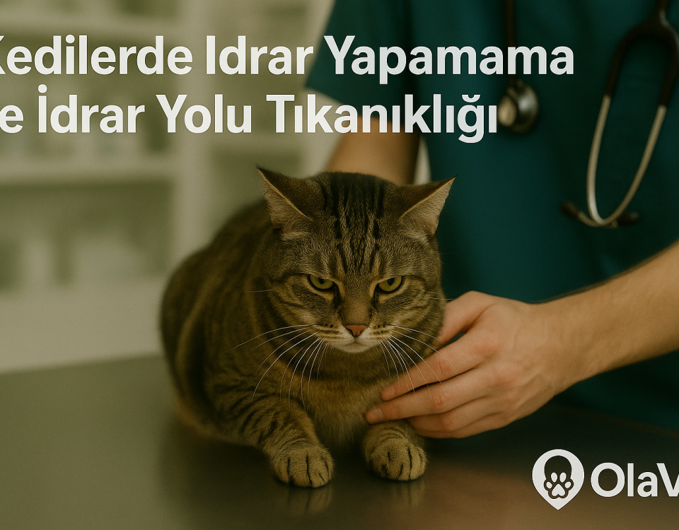 Veteriner muayene masasında karnı muayene edilen mutsuz görünümlü tekir kedi ve yanında stetoskoplu veteriner hekim